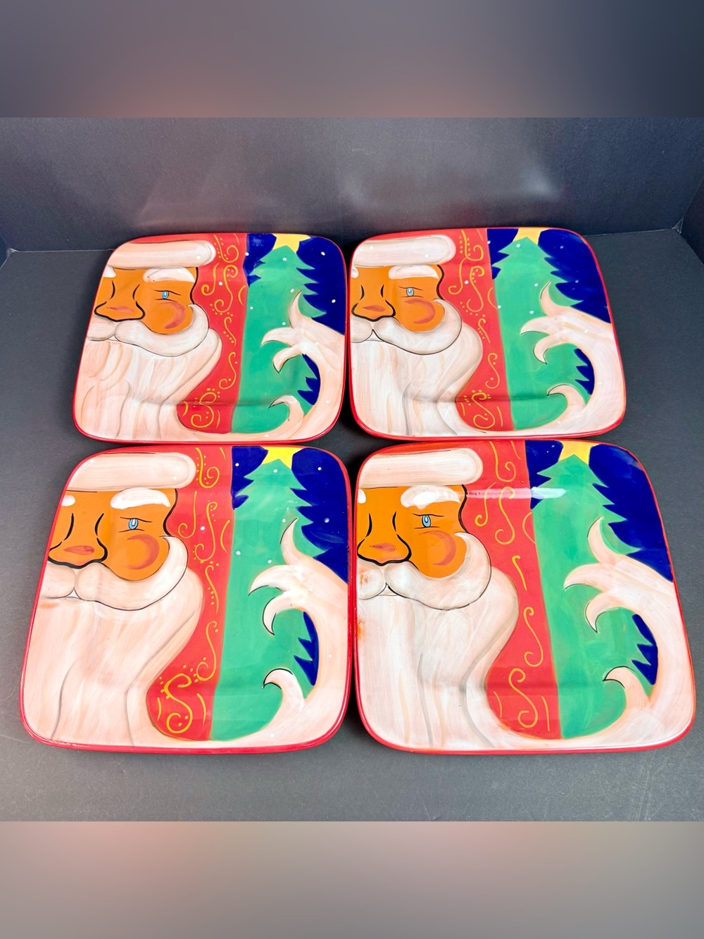 Holiday Santa Square Dessert Plates - Red & Green Festive Dinnerware
